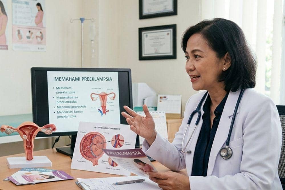 Dokter sedang menjelaskan tentang preeklampsia di ruang konsultasi.