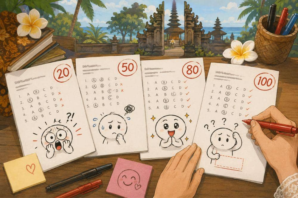 Guru SD di Bali Gambar Doodle untuk Mengoreksi Lembar Jawaban Siswa