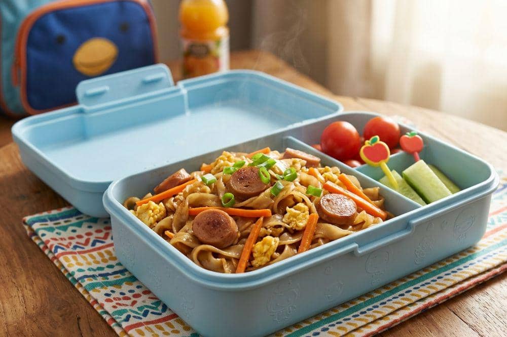 Kwetiau goreng mentega sosis untuk bekal anak