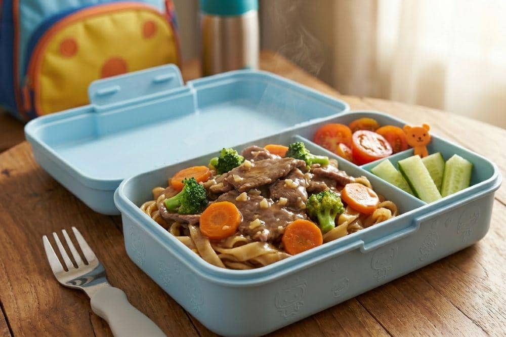 Kwetiau siram sapi cah brokoli untuk bekal anak