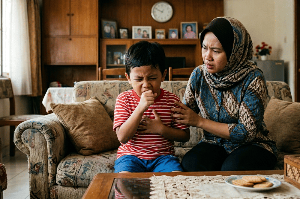 Seorang anak tersedak dan sang mama menepuk punggungnya