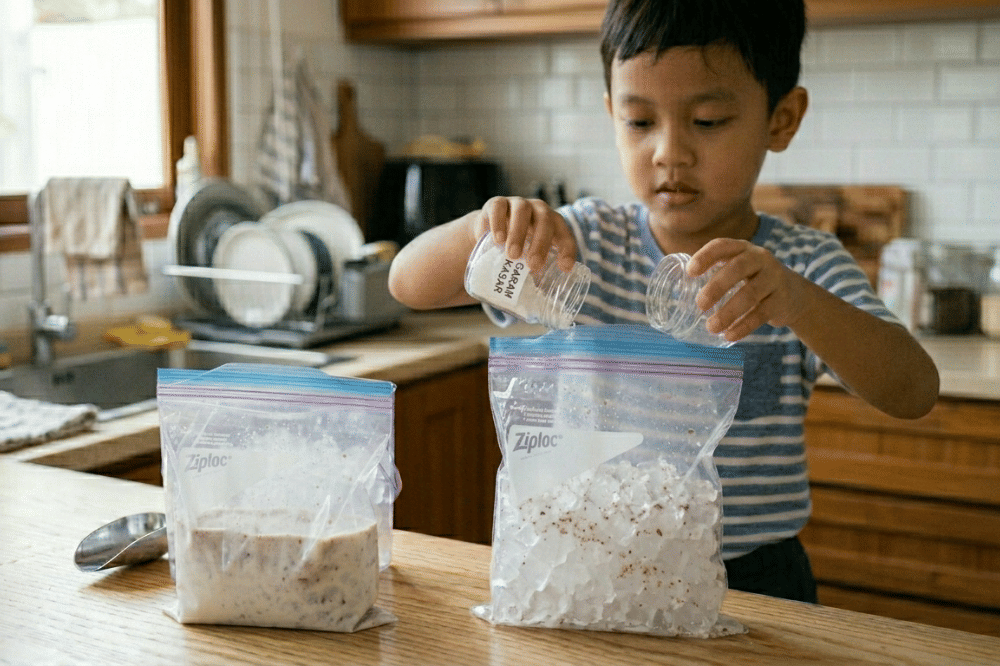 Seorang anak memasukkan garam ke dalam es batu