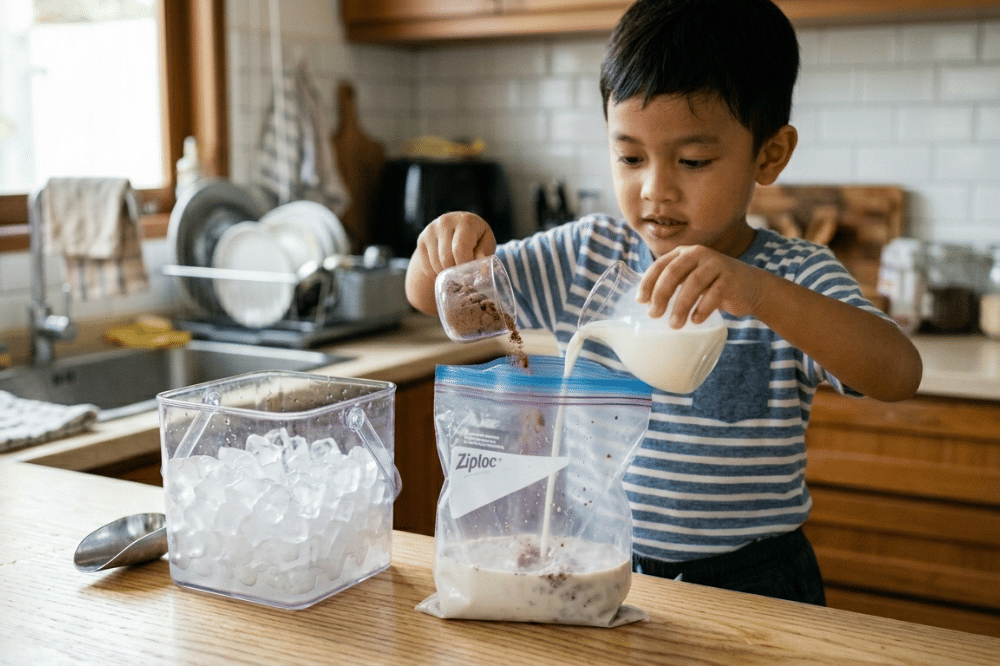 seorang anak sedang memasukan susu ke ziplock 