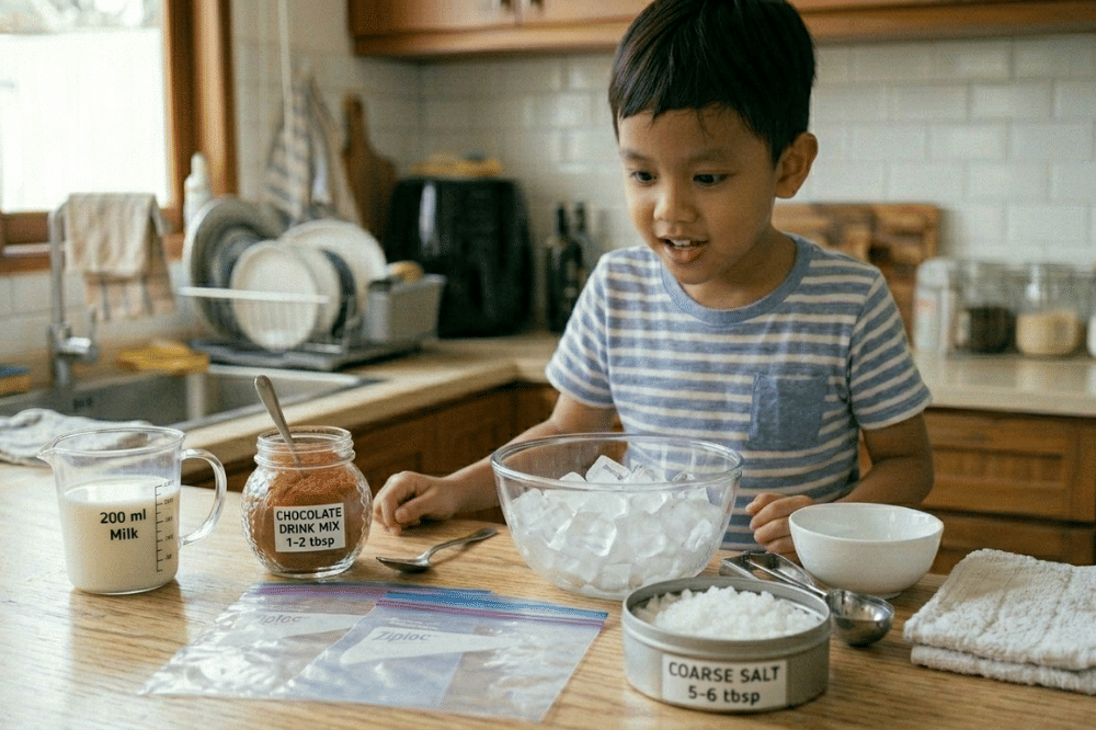 Seorang anak ingin membuat es krim dengan ziplock 