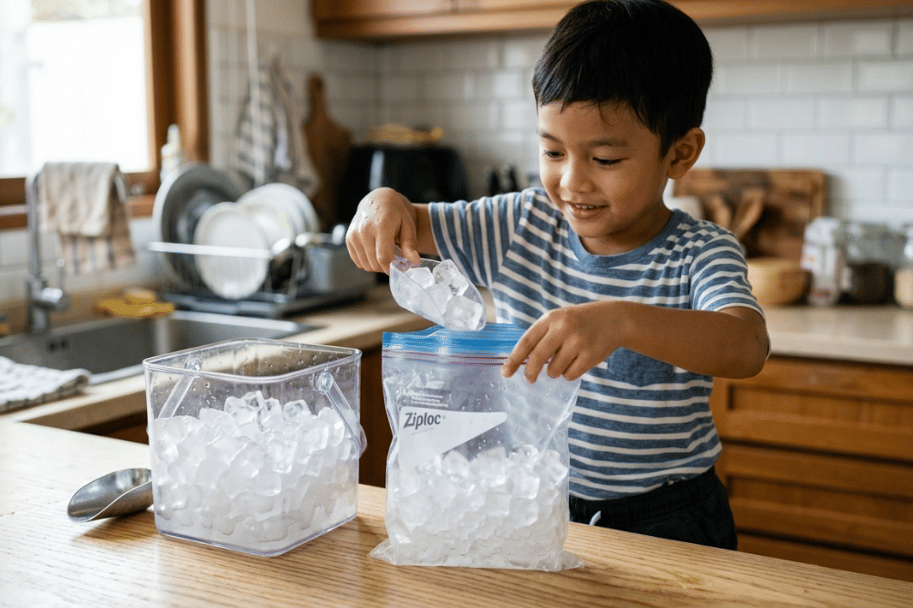 Seorang anak memasukan es batu ke dalam ziplock 