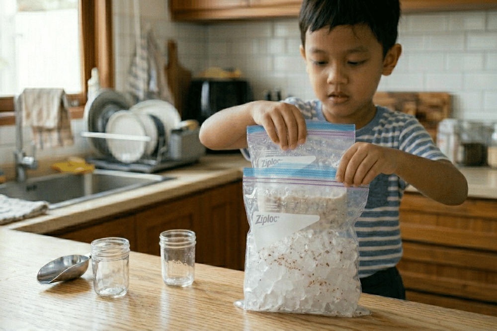 Ziplock berisi susu dimasukkan ke dalam ziplock berisi es batu