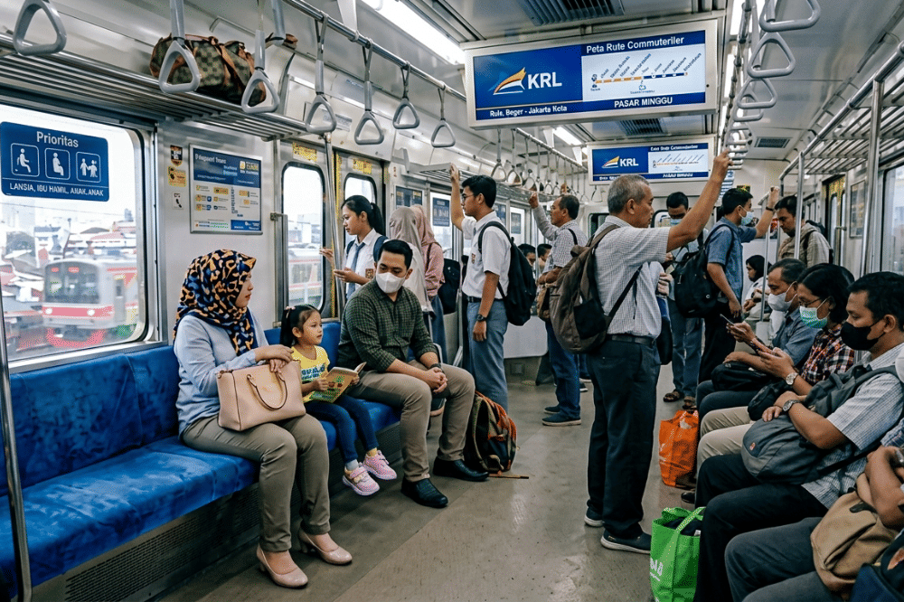 Mama, Papa, dan anak naik KRL