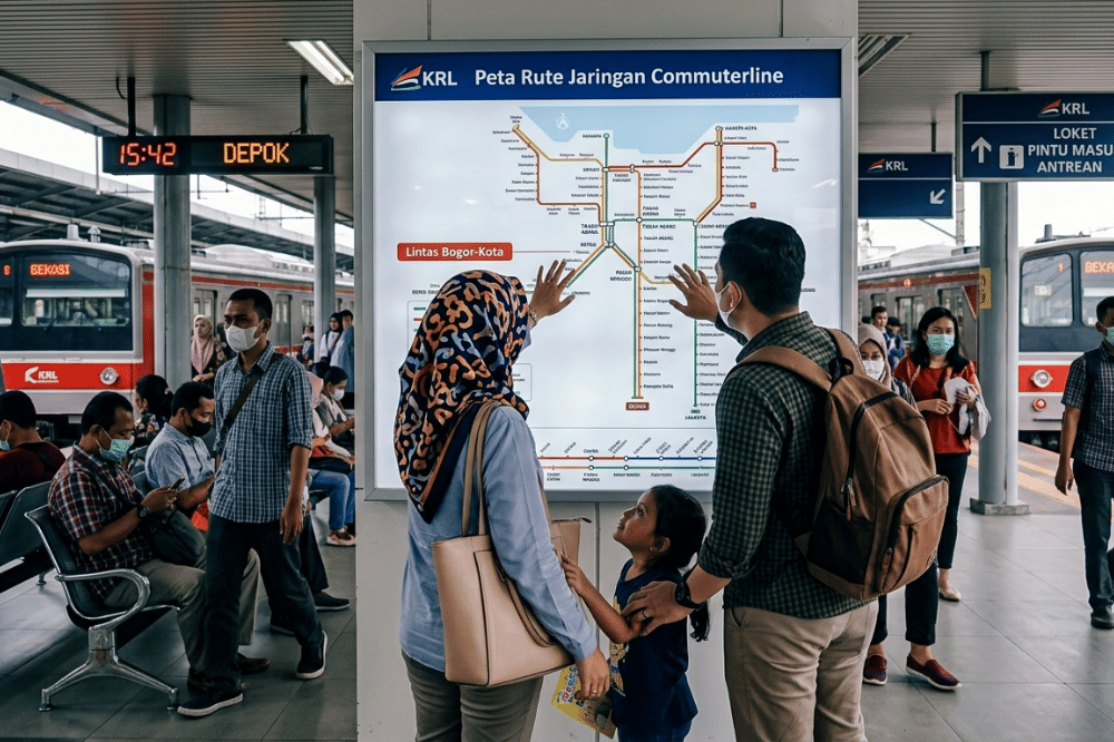 Mama, Papa, dan anak sedang melihat rute KRL