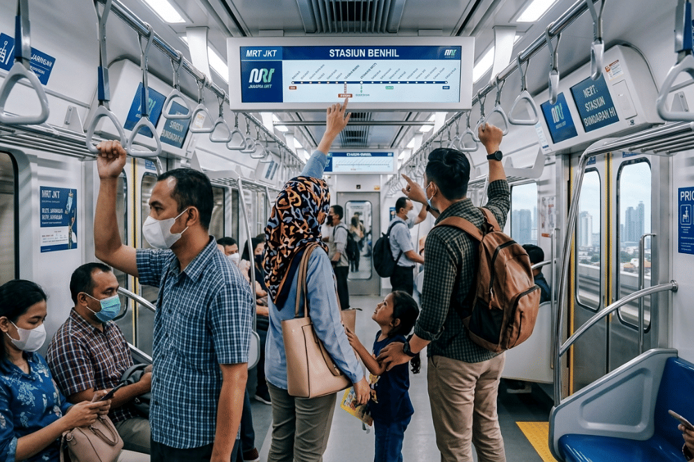 Mama, papa, dan anak sedang melihat rute MRT