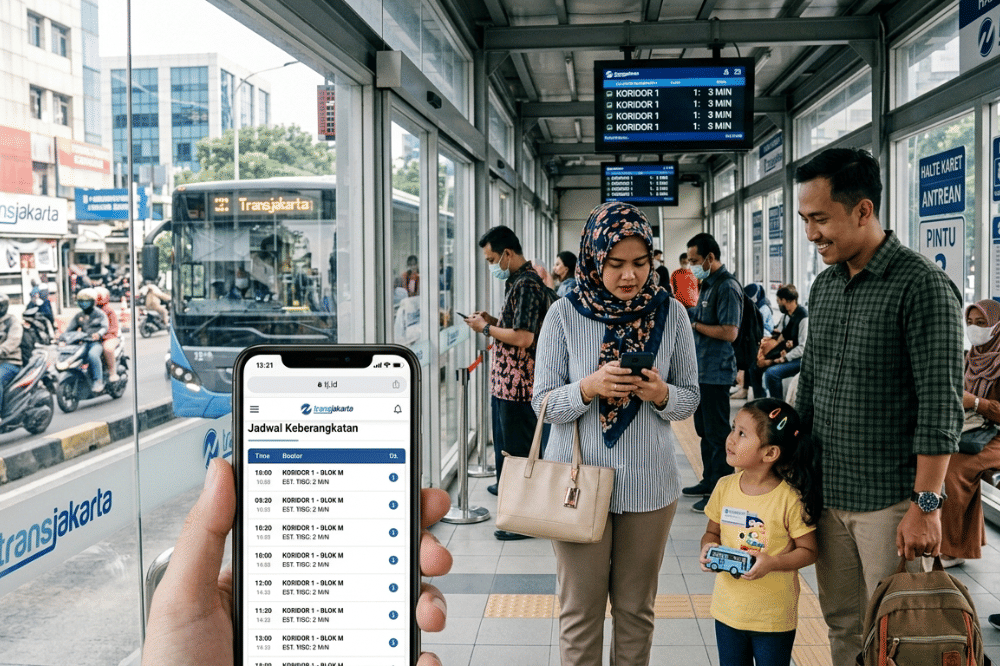 Mama, papa, dan anak naik Trans Jakarta