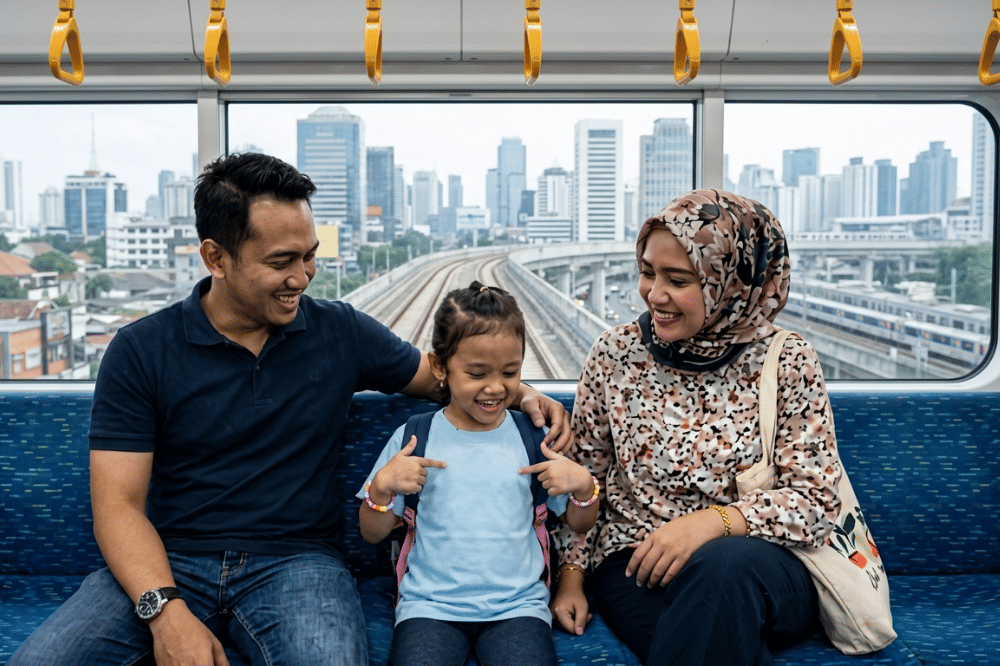 Mama, Papa, dan anak sedang naik LRT