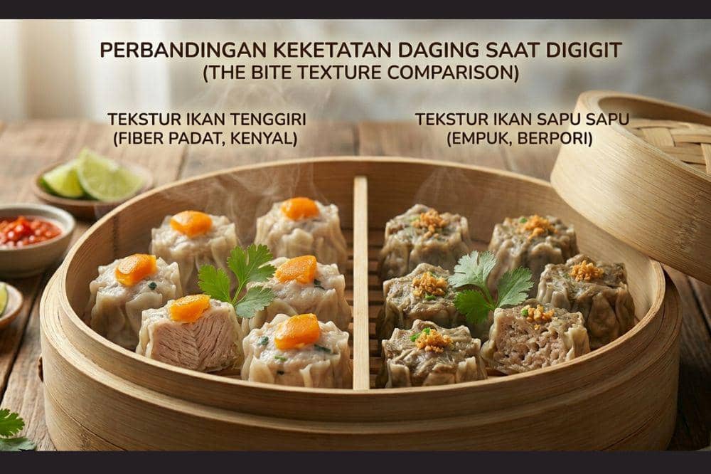 Cara membedakan siomai ikan tenggiri adalah perhatikan kekenyalan daging saat digigit