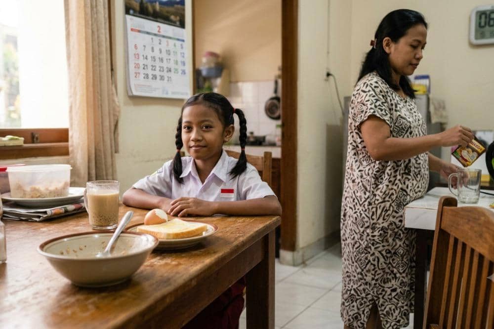 Seorang anak menunggu ibunya membuat sarapan
