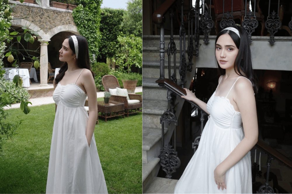 Tampil feminin dengan dress putih dan headband
