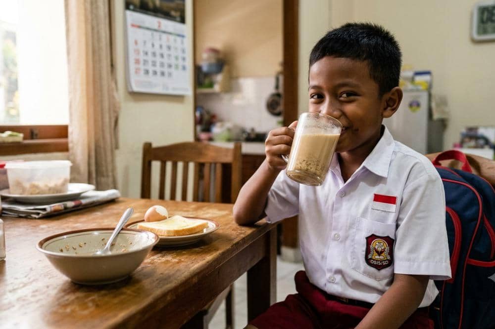 Seorang anak sedang sarapan