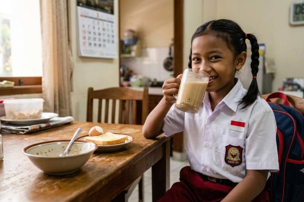 Seorang anak sedang sarapan