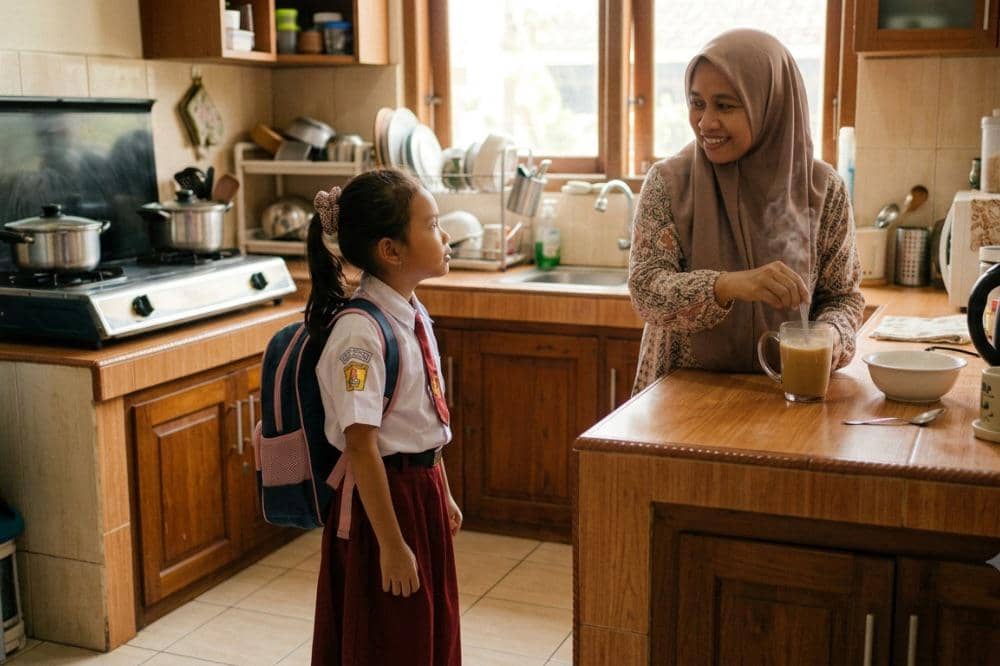 Seorang anak menunggu ibunya membuat sarapan