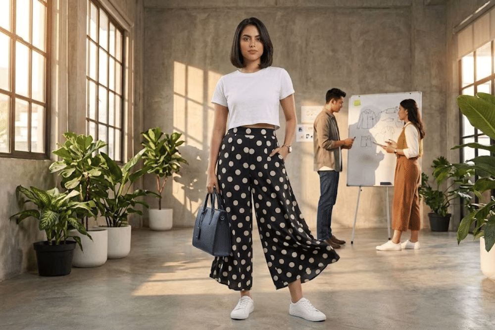 Kaos putih crop dengan kulot polkadot untuk gaya santai maksimal