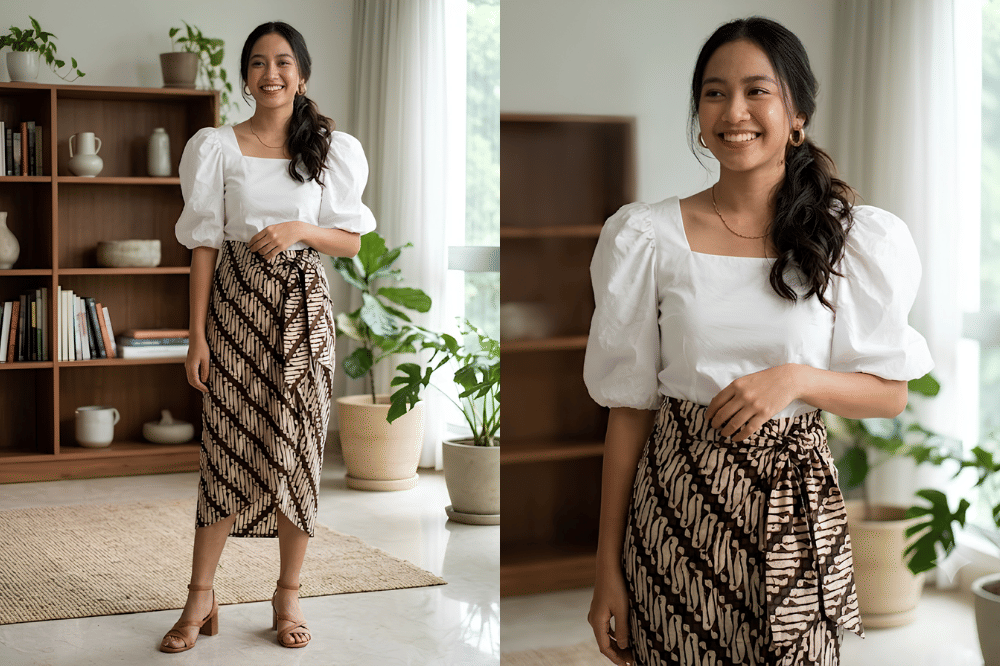 Blouse putih puffy sleeves dan batik lilit
