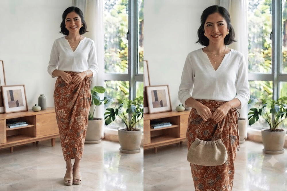 Blouse putih v-neck dan batik serut