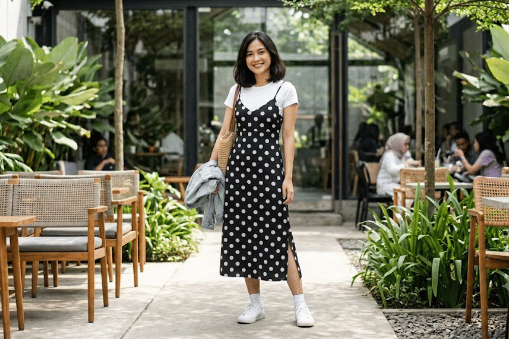 Polkadot slip dress dengan layering