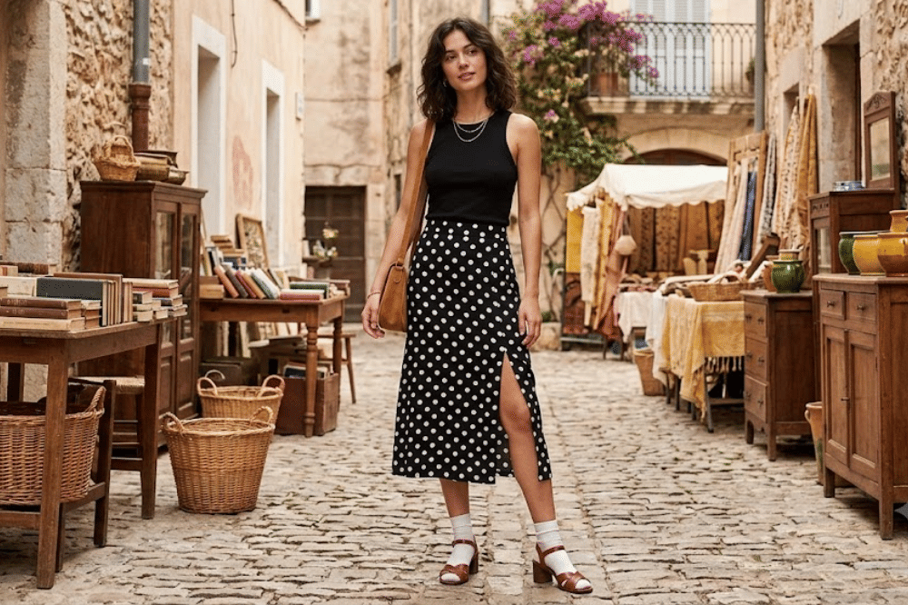 Rok midi polkadot dengan belahan samping