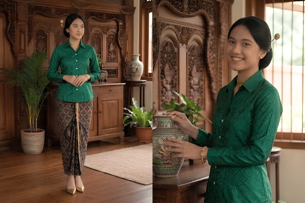 Kemeja silk dengan batik sarung panjang