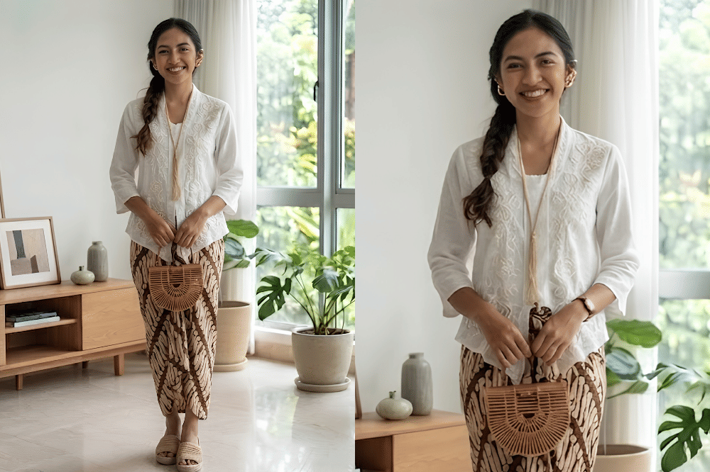 Blouse putih dengan embroidery dan kain batik sarung