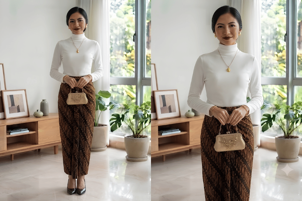 Turtleneck blouse putih dan kain batik wiron