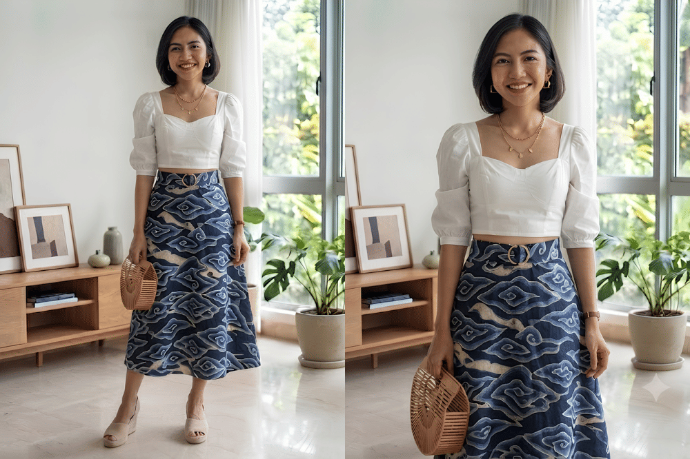 Crop blouse putih dan batik high-waist