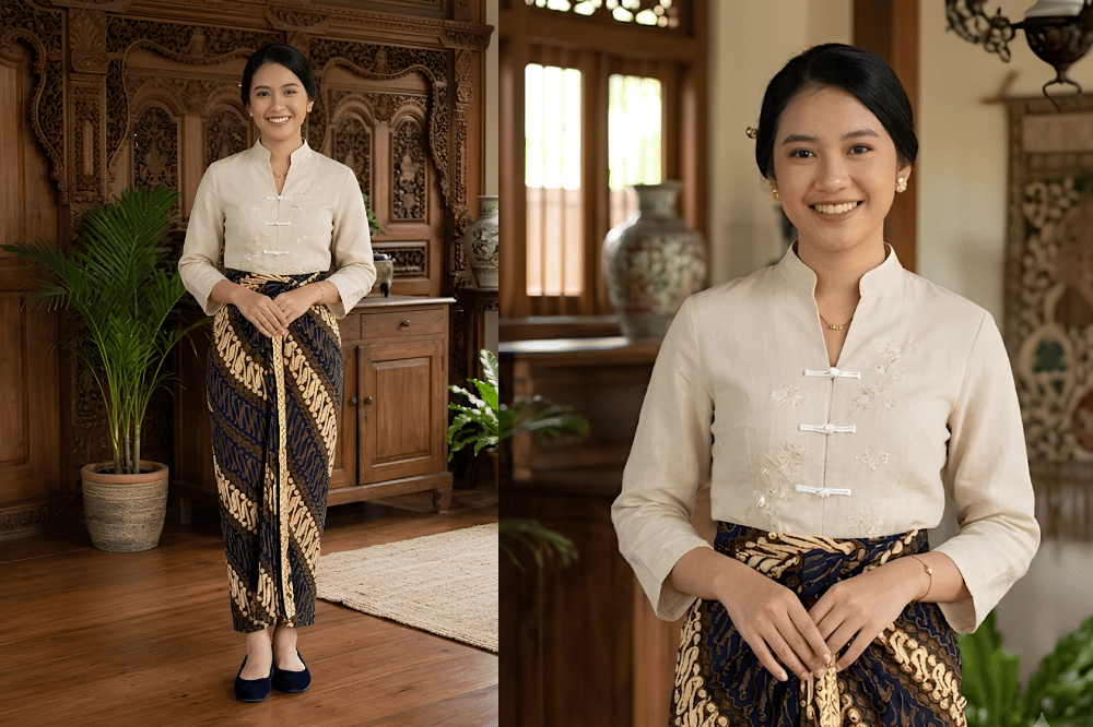 Kemeja berkerah mandarin dan batik wiron