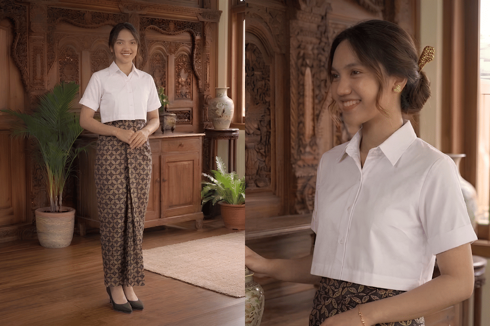 Kemeja crop dengan batik high-waist
