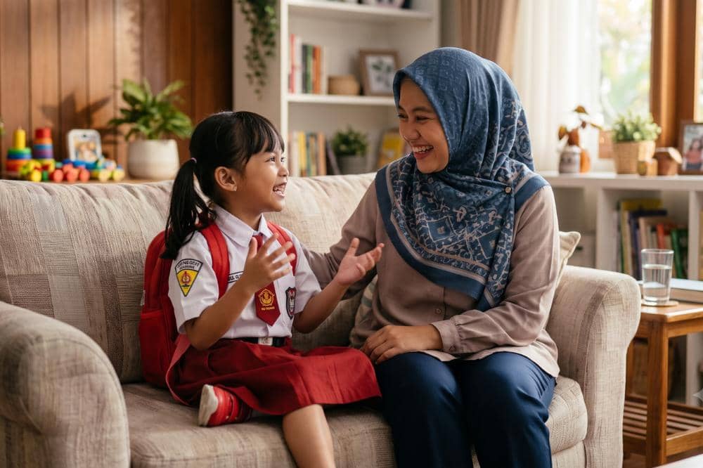 Anak menceritakan pengalaman masuk sekolah dengan mama yang menyimak mendengarkannya
