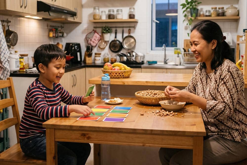 Anak sedang belajar mengenal warna didampingi mama