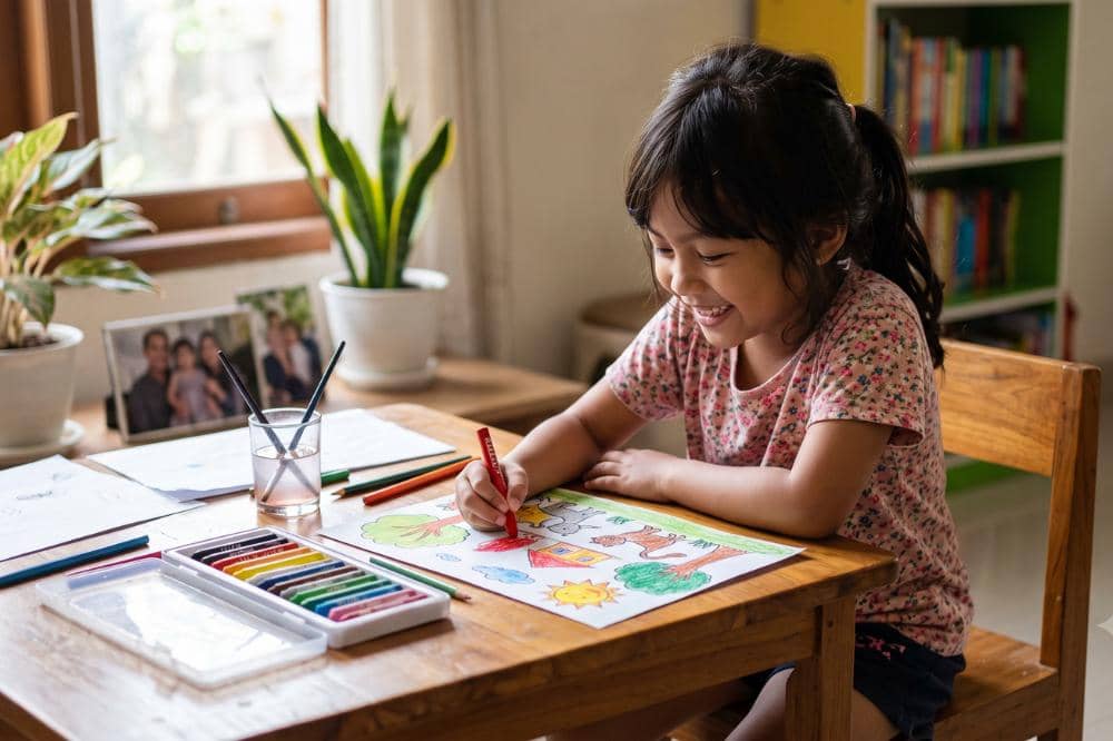 Anak mama dengan gembira mewarnai gambar rumah persiapan sebelum masuk sekolah