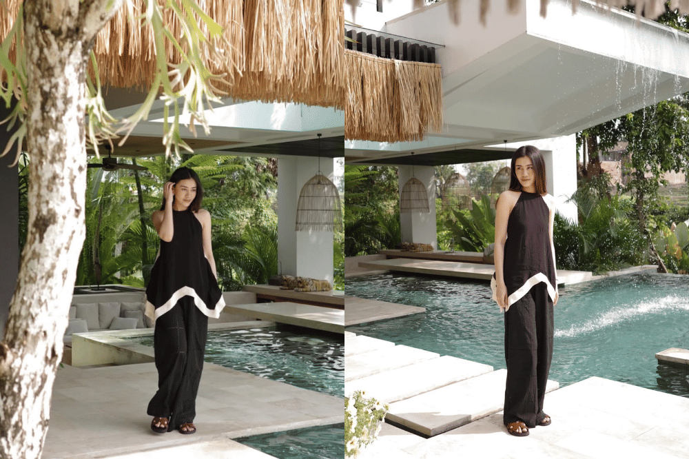 Perpaduan halter top dan celana wide leg 

