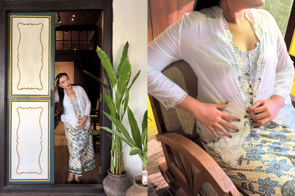 Kebaya putih minimalis dengan batik floral