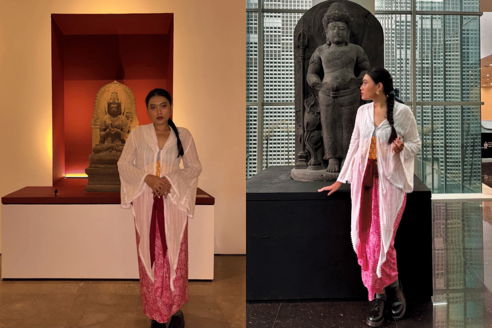Elegan dengan kebaya putih dan batik merah