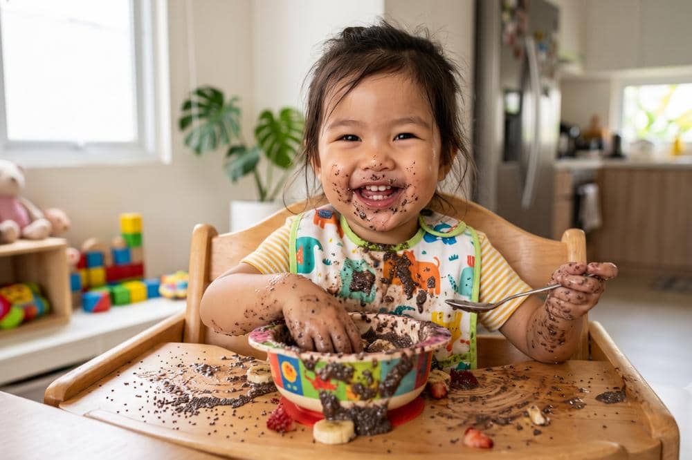 Anak terlihat tidak sengaja memakan chia seed saat mengenal teksturnya