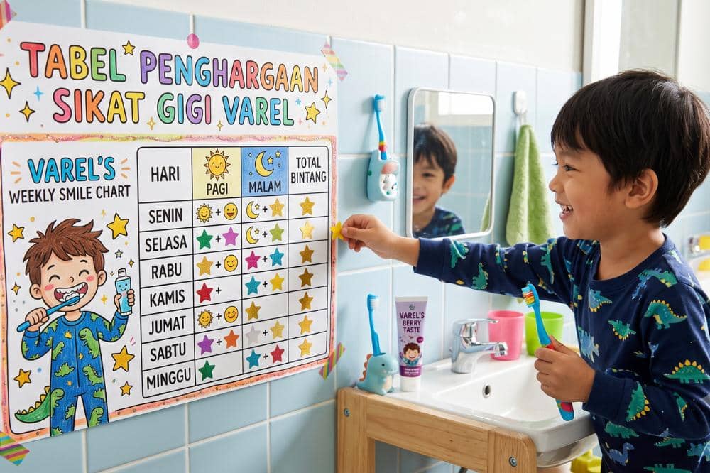 Anak menempelkan stiker bintang di tabel penghargaan karena sering sikay gigi pagi dan malam hari