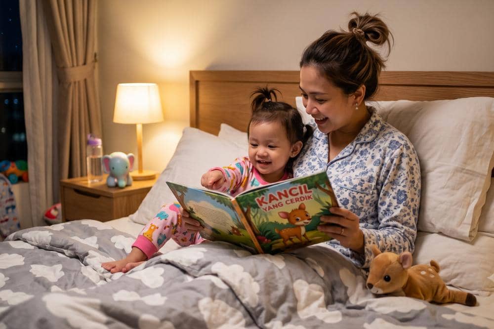 Aktivitas sebelum tidur anak adalah membaca buku secara estafet bareng Mama di tempat tidur