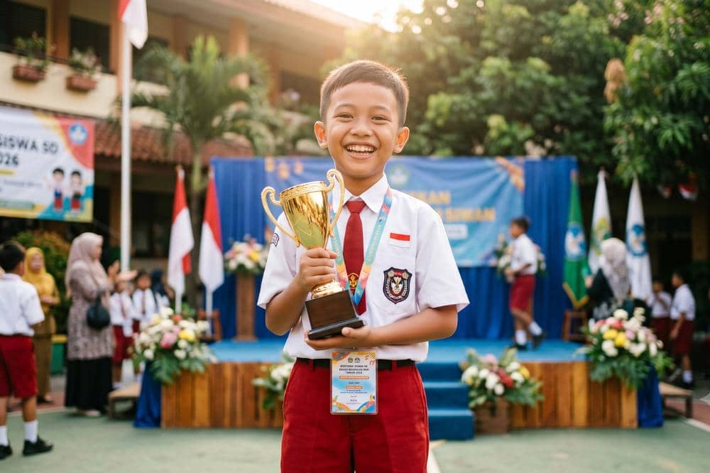 Siswa sekolah dasar tersenyum sambil memegang piala emas di acara penghargaan sekolah