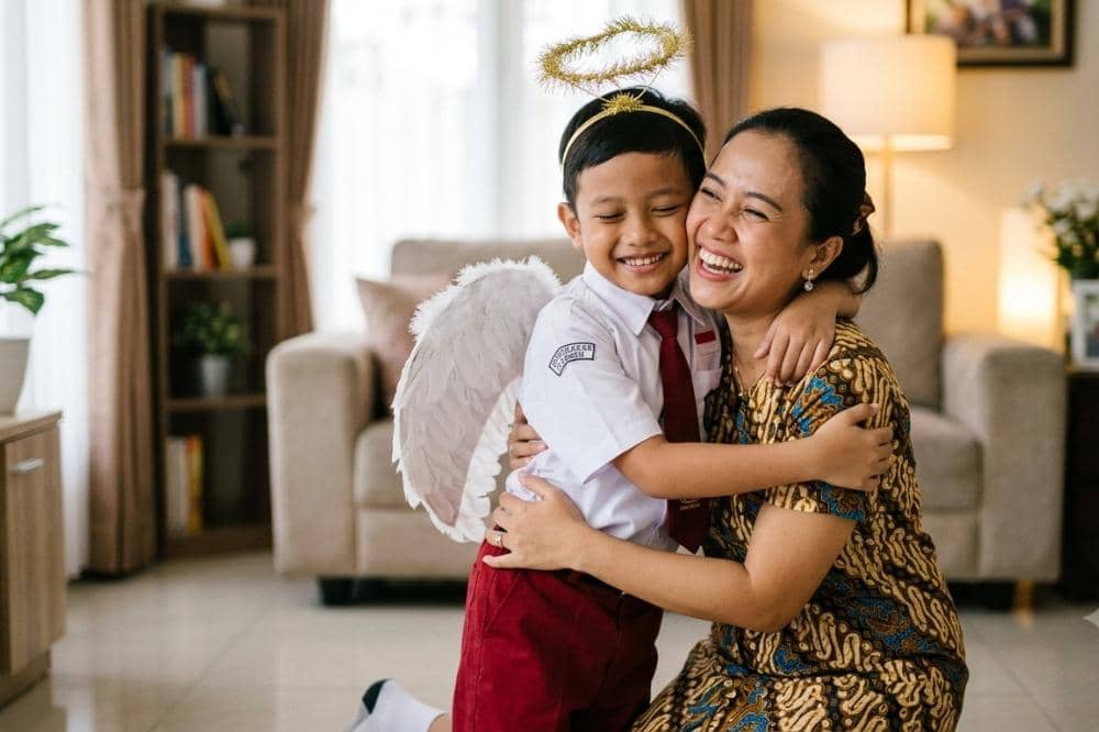 Anak berseragam sekolah dasar memakai sayap dan hiasan kepala malaikat memeluk ibunya yang tersenyum bahagia