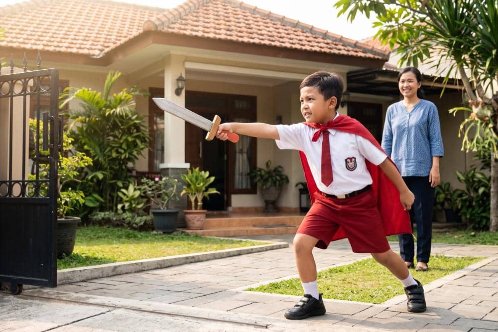 Anak laki-laki berseragam SD melindung Mama dibelakangnya