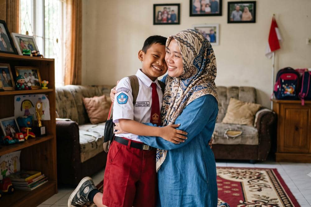 Ibu memeluk anak laki-lakinya yang mengenakan seragam SD di ruang tamu rumah dengan hangat dan bahagia