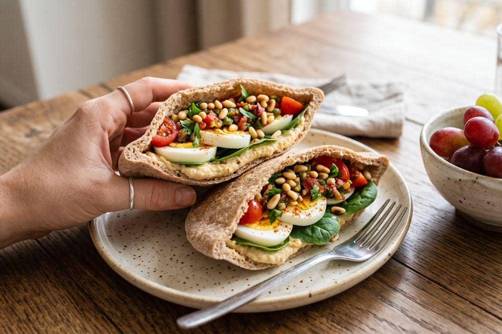 Pita telur dan hummus dengan sayuran segar
