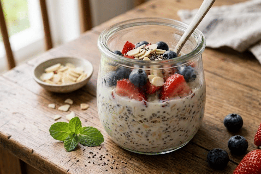 Overnight oats dengan chia seeds dan greek yogurt