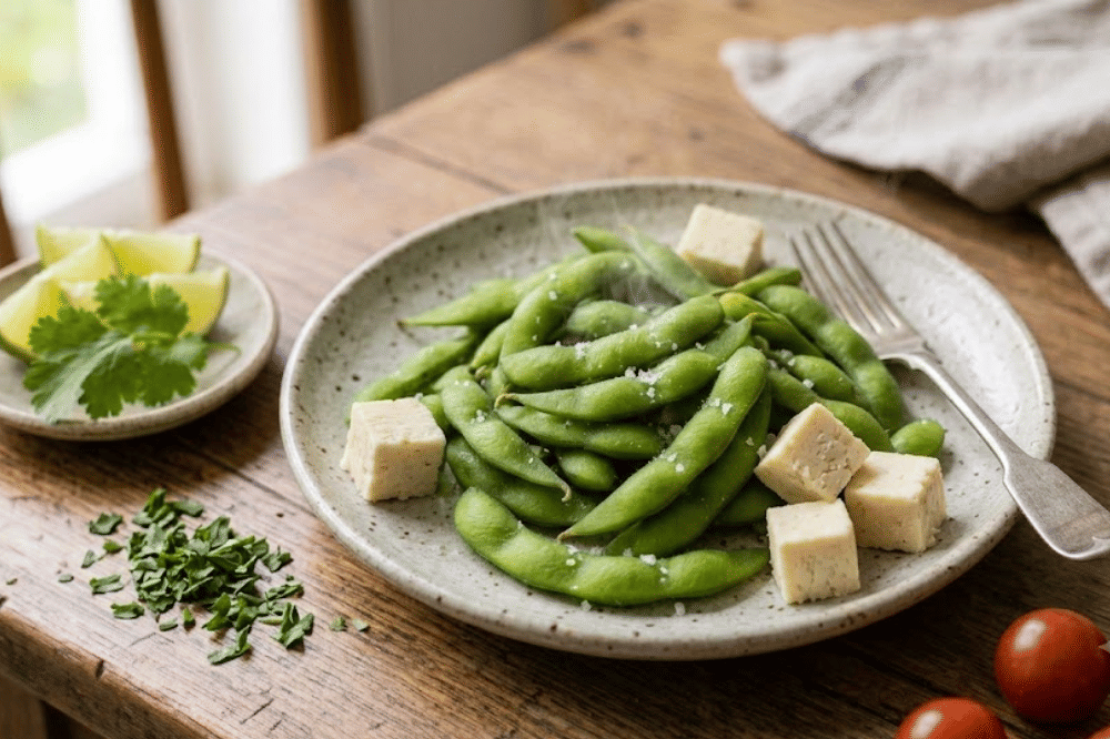 Edamame rebus dan keju rendah lemak