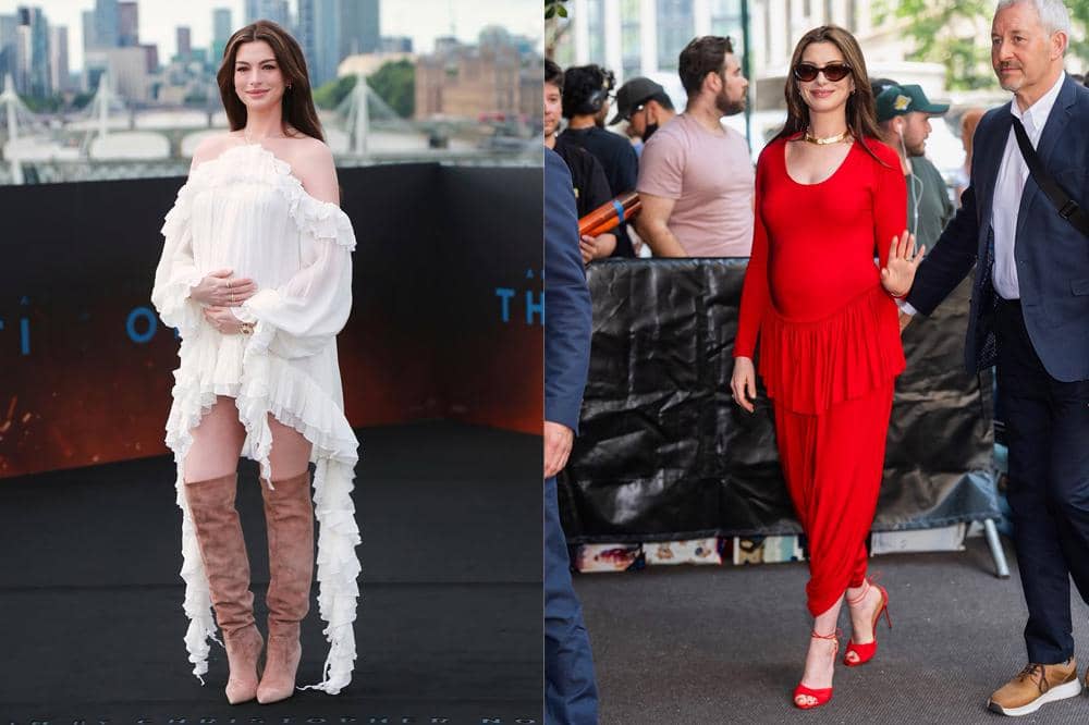 Kumpulan Potret Anne Hathaway Pamer Baby Bump saat Promo The Odyssey
