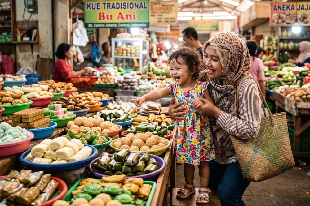 Aktivitas akhir pekan Mama dan anak membeli jajanan pasar